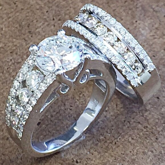 🌸Bague Eternity Full CZ Diamonds Silver Plated Couple Chunky Ring Set,UNVN12286 - Picture 3 of 10